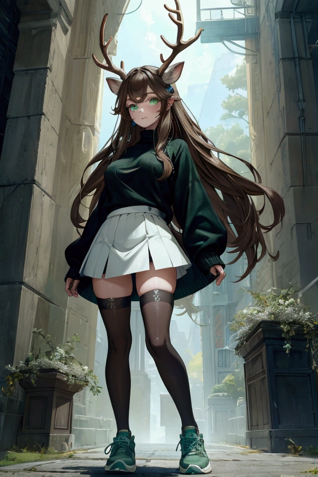 A deer girl, she has antlers, as well as deer ears, she has very fair hair skin but with white freckles. She has long muted brown hair with a mute blue-ish green. She is very beautiful and has modern looking clothing. She is a women with medium breast, but wears a fairly modest black sweater with a white miniskirt, black stockings and white sneakers with silver and blue jewelry. 4k resolution, beautiful girl.*