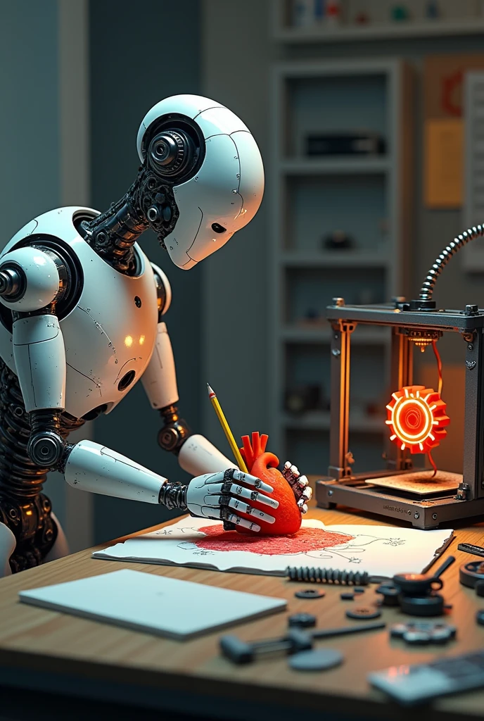 Robot drowing a human hart using pencil and a 3d printer print a gear wheel on a dusk
