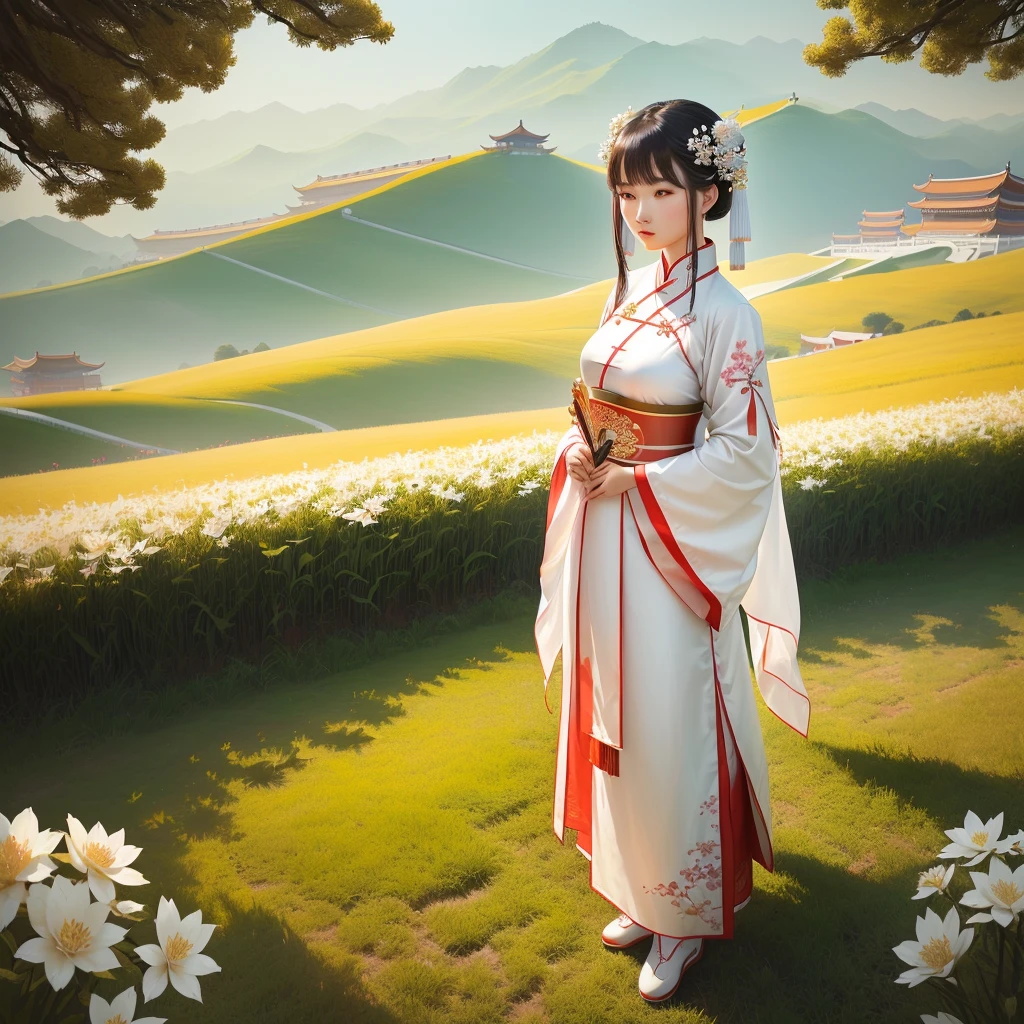 A young woman standing in a field，Holding a fan in hand, Dressed in ancient Chinese costumes, white Hanfu, traditional Chinese clothing, Hanfu, cheongsam, palace ， a girl in Hanfu, Wearing ancient Chinese clothes, Chinese woman, Inspired by Tang Yifen, traditional Chinese, Chinese Girl, Chinese, xintong chen, Inspired by Zhang Zeduan