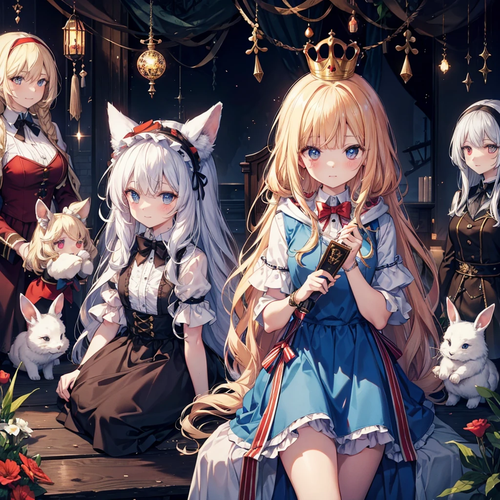 {{{wonderland, grim}}}, five girls, forest, wolf, hood, rabbit, devil, (queen), (((alice))), (((dwarf))), ((faily))
