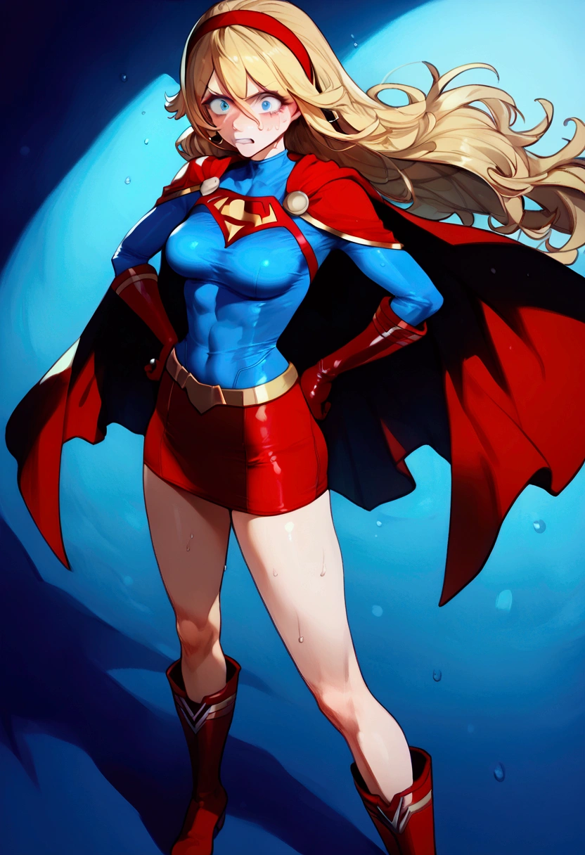 score_9, score_8_up, score_7_up, source_anime, standing, hand on own hip, ((((1girl,short stature)))), (slender body:1.4), (long hair),blonde hair, blue eyes, ((((midium breasts)))), pale skin,shiny skin, ((She wears solid shirt, blue long sleeve shirt, red skirt, red gloves, red hairband, superhero, cape, red boots)), ((((scared, sweat)))),