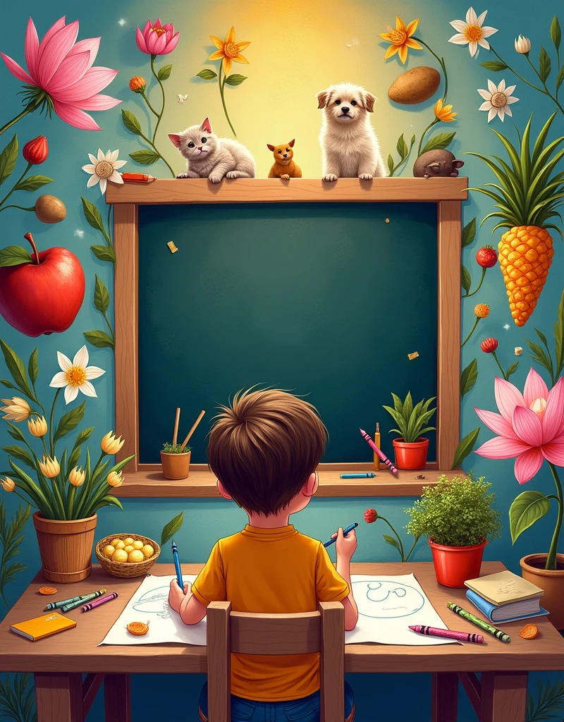 Picture a lively and imaginative scene where a young boy is seated at a desk, deeply engrossed in drawing on a piece of paper with a crayon in his hand. Surrounding him is a colorful and whimsical array of illustrations on the desk’s surface: a delicate rose, a tranquil lotus, and cheerful daffodils, all blending harmoniously with playful images of a cat, a dog, and a buffalo. These images are complemented by depictions of an apple and pineapple, as well as a carrot and a potato, scattered across the desk.
In the center of this vibrant tableau stands a blackboard, its classic dark surface framed with a wooden border. The blackboard provides a striking contrast to the surrounding colors and adds a practical element to the scene. Nearby, a few bright crayons rest on the desk, ready for more creative endeavors. The scene captures a moment of artistic exploration and joyful chaos, with the boy’s focused expression and the surrounding vivid images creating a captivating and dynamic atmosphere.