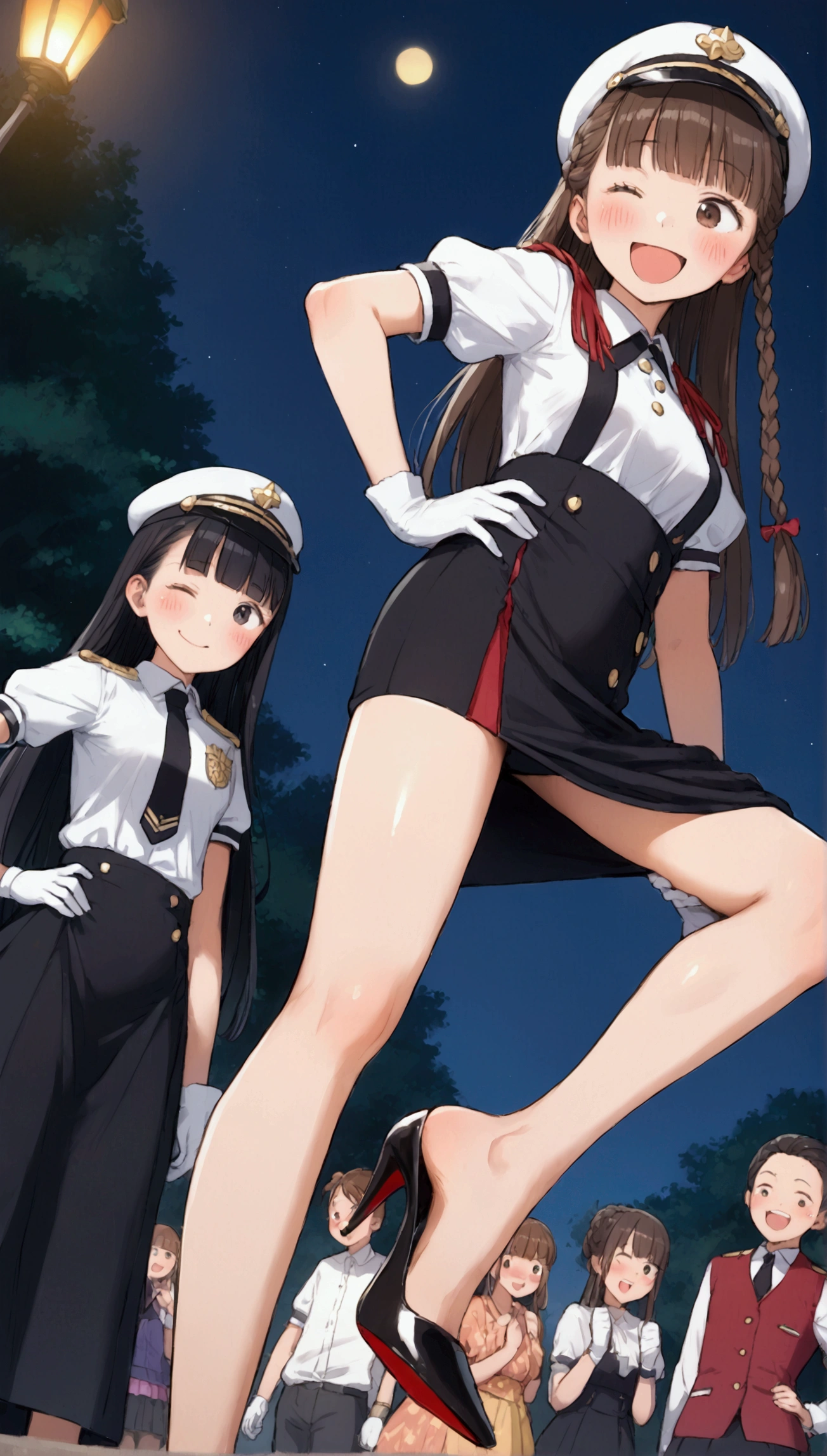 {Highest quality}, {Super beautiful},{Ultra fine},{Best illustration},Brown Hair,Hime cut,long hair,Braid,One woman,Standing Woman,Strike a pose,Adult women,smile,Excited face,Wink,Uniform cap,White Shirt,Short sleeve,long black skirt,White gloves,Night Festival,Blushing,Slender,Black stiletto heels,barefoot,From an angle,From below,Put one hand on your hip,Spread your legs,Lift one leg up