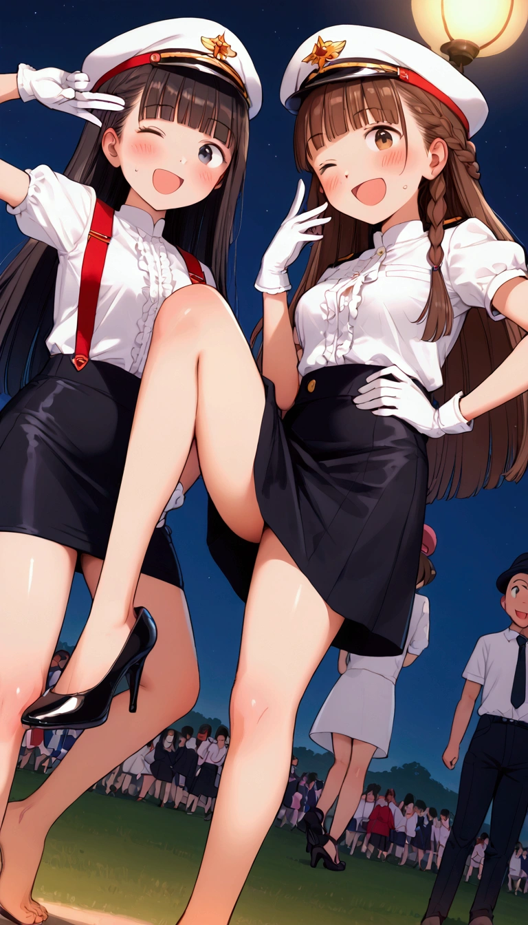 {Highest quality}, {Super beautiful},{Ultra fine},{Best illustration},Brown Hair,Hime cut,long hair,Braid,One woman,Standing Woman,Strike a pose,Adult women,smile,Excited face,Wink,Uniform cap,White Shirt,Short sleeve,long black skirt,White gloves,Night Festival,Blushing,Slender,Black stiletto heels,barefoot,From an angle,From below,Put one hand on your hip,Spread your legs,Lift one leg up