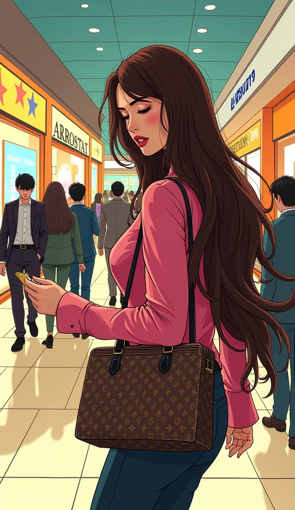 Japanese comic style，In the mall，Shopping，褐色Long hair的女性，Long hair，Greedy expression，（Looking at the LV bag in my hand）
