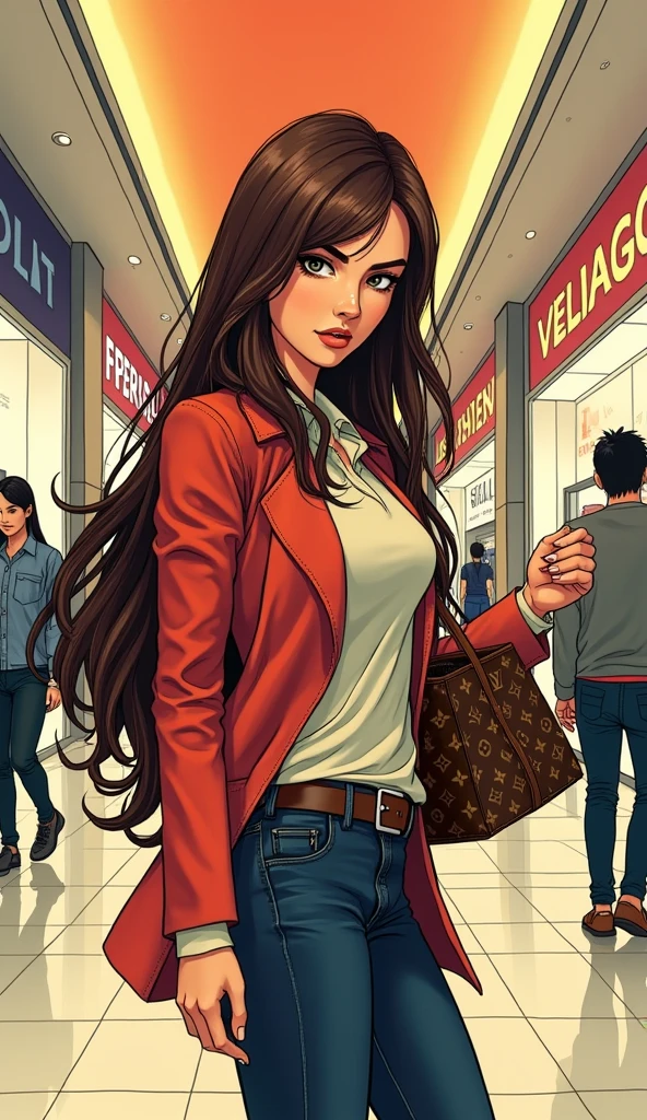 Japanese comic style,In the mall,Shopping,褐色Long hair的女性,Long hair,Greedy expression,(Looking at the LV bag in my hand)