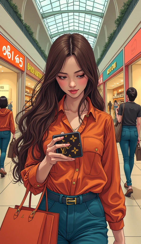 Japanese comic style，In the mall，Shopping，褐色Long hair的女性，Long hair，Greedy expression，（Looking at the LV bag in my hand）
