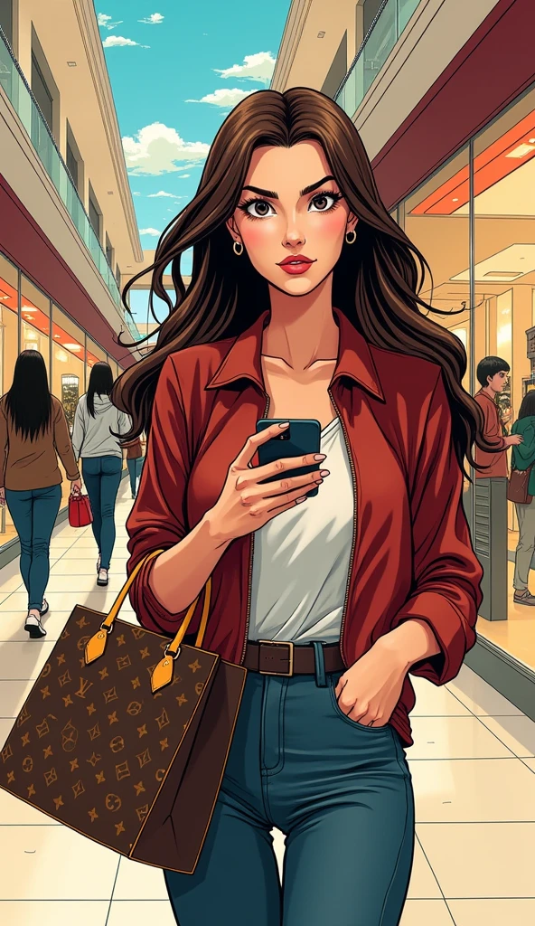 Japanese comic style，In the mall，Shopping，褐色Long hair的女性，Long hair，Greedy expression，（Looking at the LV bag in my hand）
