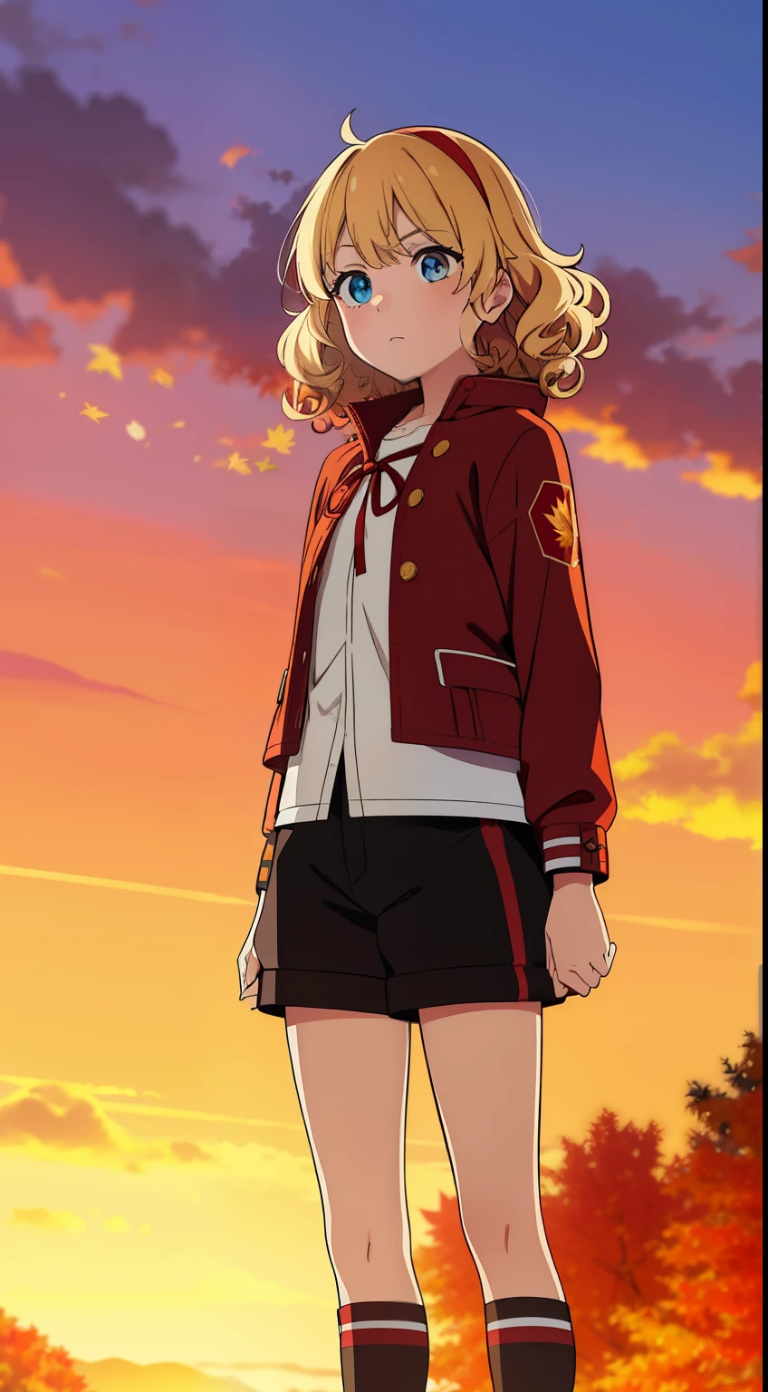 (high-quality, breathtaking),(expressive eyes, perfect face) 1girl, female, solo, teenager, Symmetrical Eyes, light blonde hair, Heterochromia left red and right brown eye color, short hair length, curly wavy hair, red headband, red ribbon in hair, fluffy jacket, shirt, cute black shorts, long socks, half body shot, zoomed out, autumn theme, autumn background, fantasy school attire, flying maple leaf's, sunset sky
