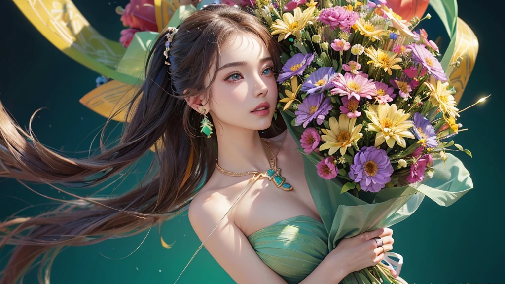 32K, 最高quality, 最高masterpiece, (ultra-Detailed Background, Detailed Background), High resolution, Super detailed, Very detailedな, One girl, (bouquet:1.3), (Tangled:1.2), (Geometric:1.2),(colorful),(masterpiece, quality, best quality, Official Art, Beautiful and beautiful:1.2), (1 girl:1.3), Very detailed,(colorful:1.1)(Flowers:1.3),Most detailed,(Tangled:1.2), whole body, (Abstract background:1.3), (Skin glows), (Many colors:1.4), ,(Earrings Jewelry:1.5), Light green background,