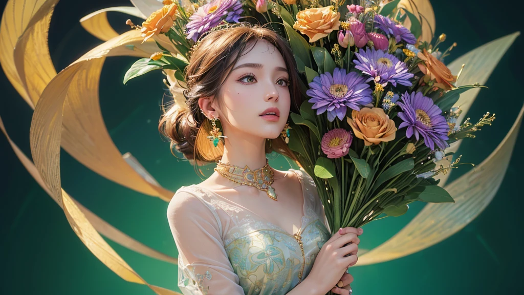 32K, 最高quality, 最高masterpiece, (ultra-Detailed Background, Detailed Background), High resolution, Super detailed, Very detailedな, One girl, (bouquet:1.3), (Tangled:1.2), (Geometric:1.2),(colorful),(masterpiece, quality, best quality, Official Art, Beautiful and beautiful:1.2), (1 girl:1.3), Very detailed,(colorful:1.1)(Flowers:1.3),Most detailed,(Tangled:1.2), whole body, (Abstract background:1.3), (Skin glows), (Many colors:1.4), ,(Earrings Jewelry:1.5), Light green background,