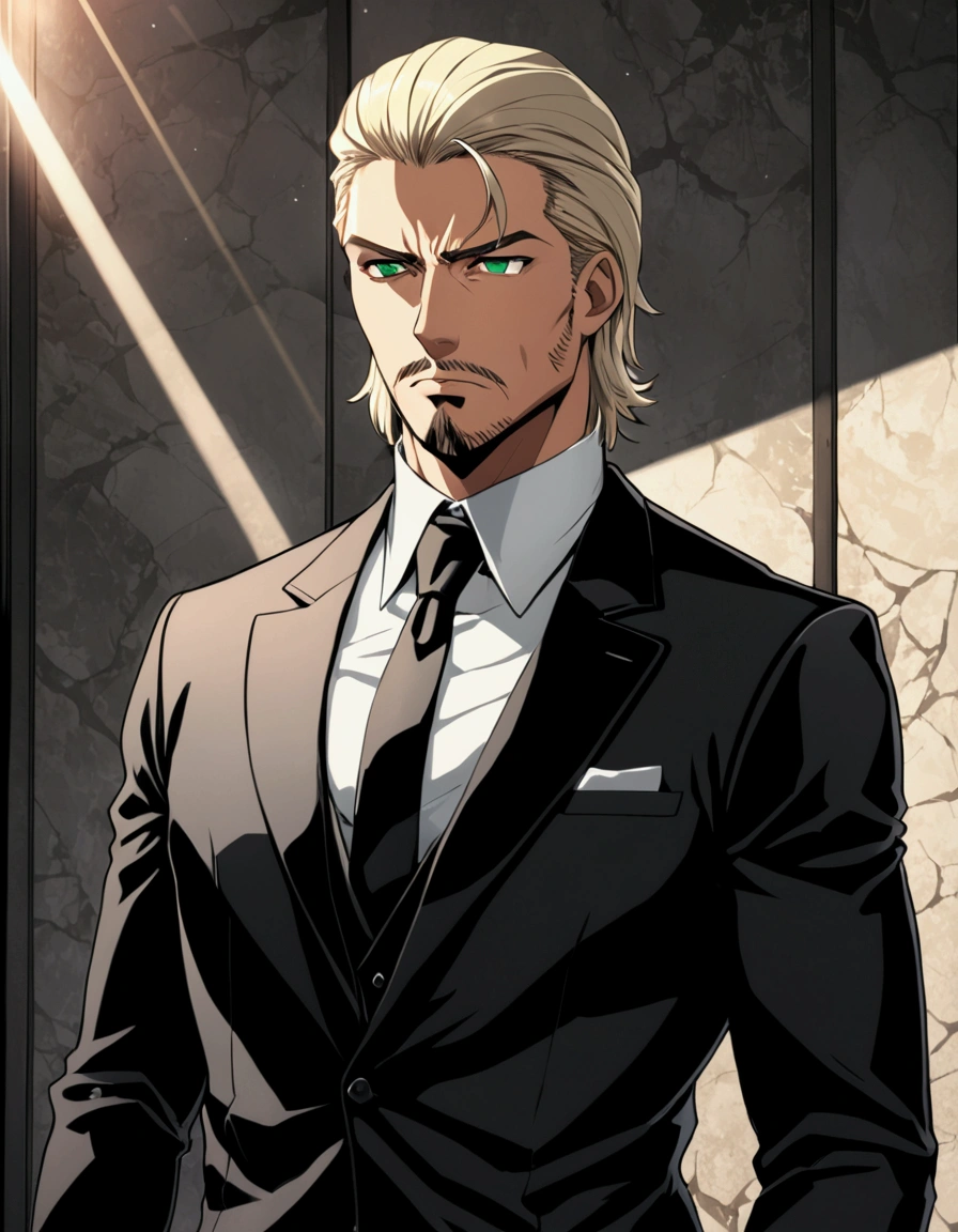1man, man in black, vigorous mature, business hair with asymmetrical bangs, goatee, green platina blond hair, emerald eyes, BREAK 40yo, charming caucasian, slightly long chiseled face, deep set, angular jaw, facial wrinkles, crewcut, BREAK ideal ratio body proportions, middle weight muscular, beautiful detailed eyes, dark hero, best eyes, BREAK solo, funeral black suit, black necktie, white shirt, at wall street, detailed background, gloom, cool expression, natural standing, looking away, BREAK upperlegs, dramatic expression, in persona style, masculine comic art, 2010s, retro visual novel, in newest eroge style, in korean illustration style, dutch angle, cinematic shadows, cinematic lighting, lens flare, light leaks, texture, absurdres absolutely resolution, extreme all detailed, greatest painting, BREAK masterpiece, best quality