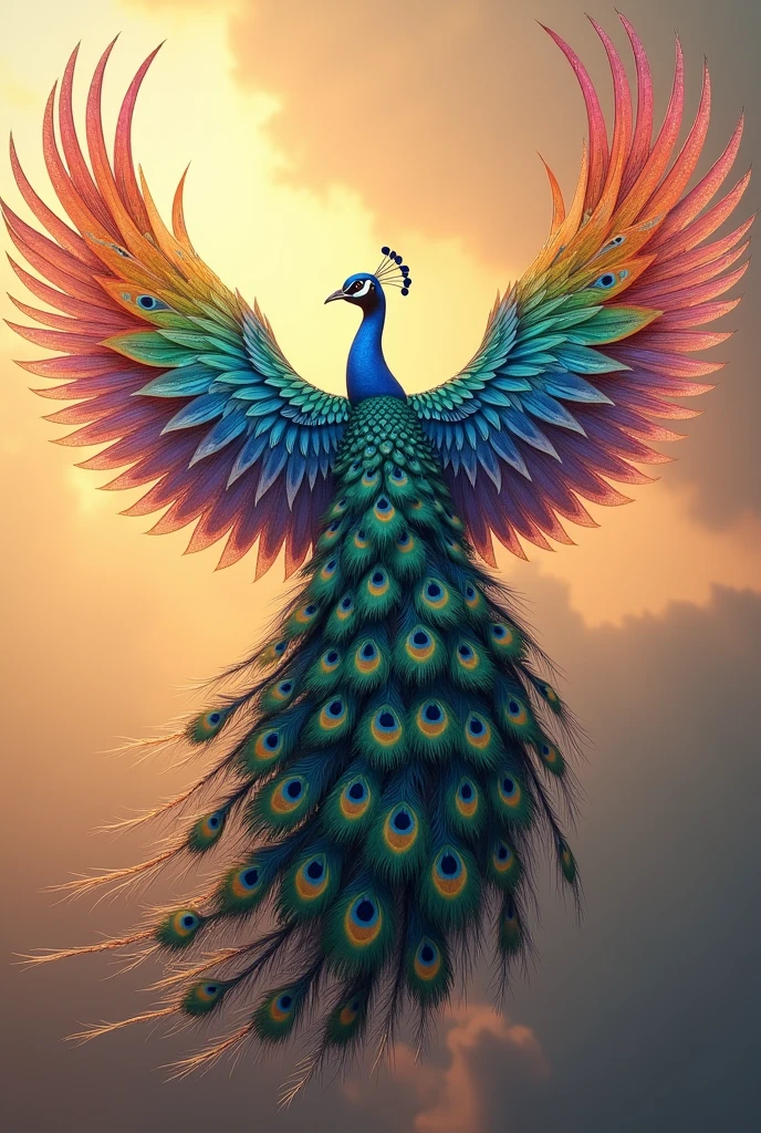 Flying peacock with rainbow colors