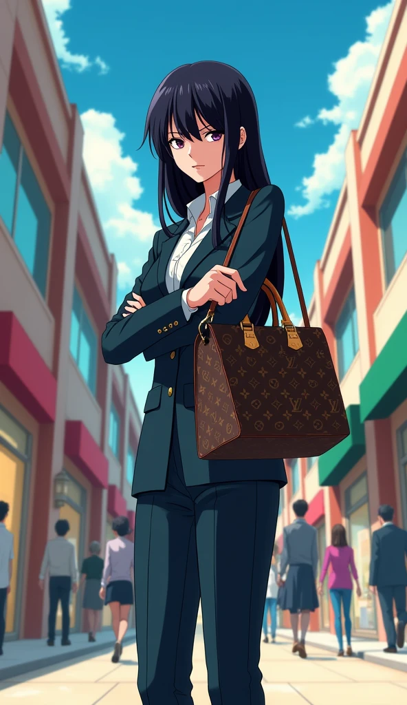 ((A woman with long hair)),Standing on the side of the street,Black straight hair,Ladies suits,((Angry expression)),In the mall,Japanese comic style,(Looking at the LV bag in my hand)