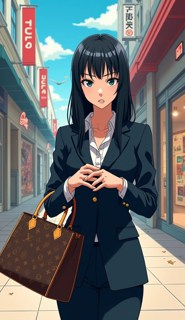 ((A woman with long hair)),Standing on the side of the street,Black straight hair,Ladies suits,((Angry expression)),In the mall,Japanese comic style,(Looking at the LV bag in my hand)