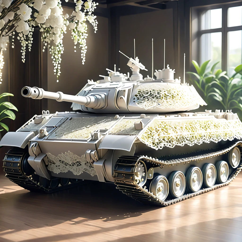 White laceで出来たArmored Tank, Beautiful Lace Armored Tank, Lace Armored Tank for Room Decoration, indoor, White lace, Very delicate lace, best quality:1.2, 4K, 8K, Very detailed, High Detail, masterpiece:1.2