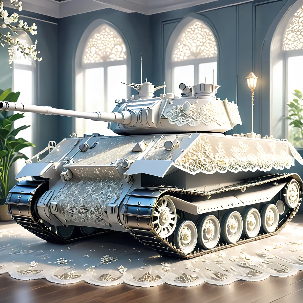 White laceで出来たArmored Tank, Beautiful Lace Armored Tank, Lace Armored Tank for Room Decoration, indoor, White lace, Very delicate lace, best quality:1.2, 4K, 8K, Very detailed, High Detail, masterpiece:1.2