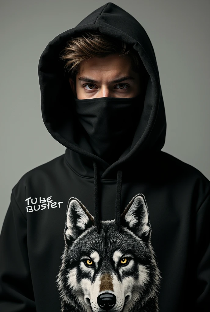Give a pic of a 18 years old boy,with black hoodie and at the top left of the hoodie there must be written"Tube Busters"and his eyes was banded with a cloth or sunglasses and at middle of the hoodie there must be a wolf pic