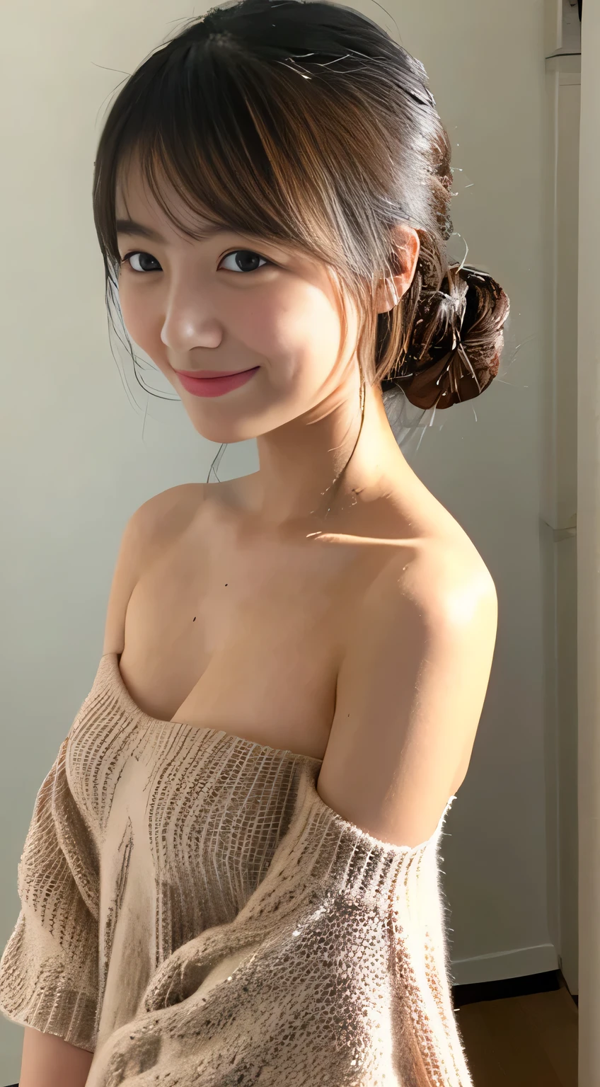 masterpiece,best quality,(Japanese girl),((Beautiful girl)),cleavage,(off shoulder:1.2),(perfect body beauty:1.2),(shy smile),From above