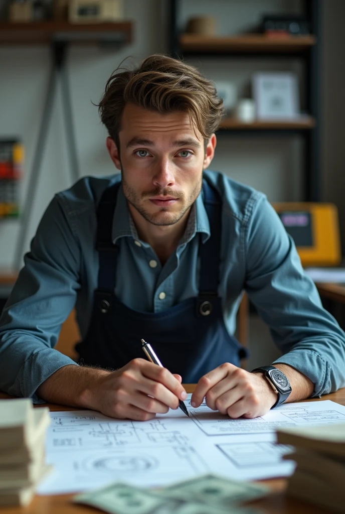 There is young electrical engineer that he is in germany recently he has his small factory fundet and he is now really series
And there is some important papers around him and some dollar