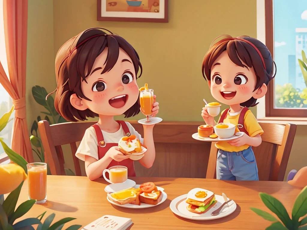 Young mom，Having breakfast with a cute boy，Happy，Smile，Pixar style, best quality, Stills