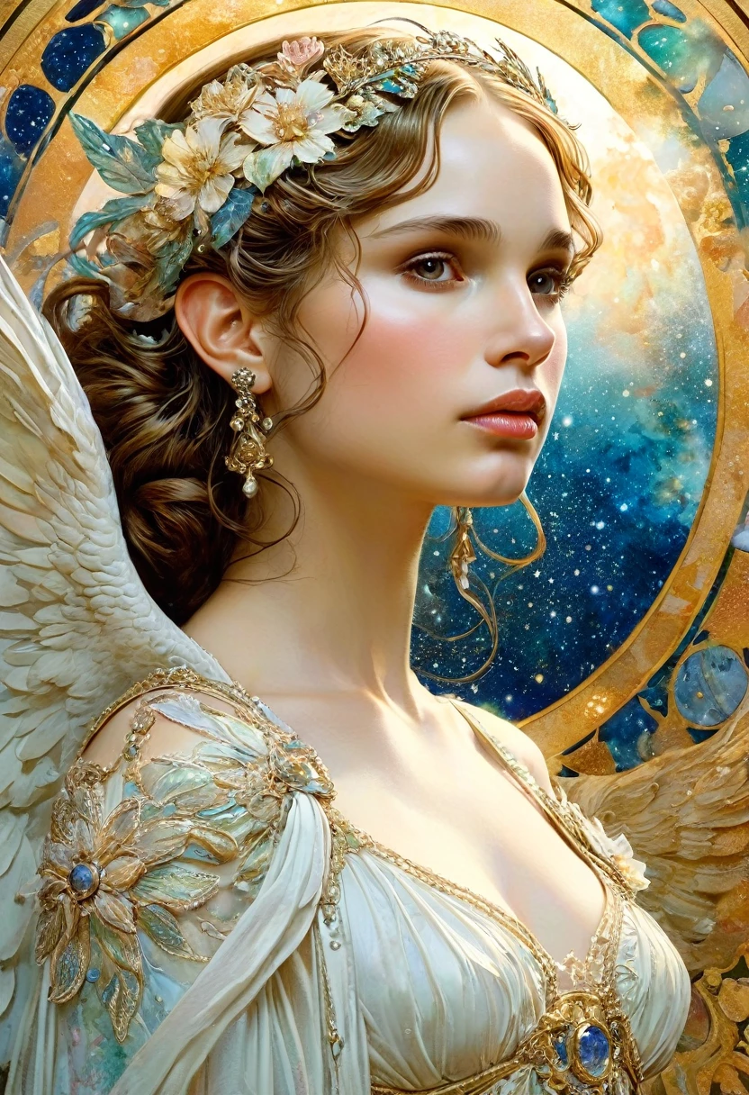 It depicts a beautiful woman with a moon in her hair., (Natalie Portman:1.2), extremely detailed watercolor, The style of Alfons Maria Mucha and Gustav Kilmut, Art Nouveau accents, Fairy Queen, Anthropomorphic woman, Female figure, Detailed cover artwork, As the Moon Goddess, Alphonse Mucha, Gustav Klimt, Pale skin, Marble sculpture, society, Gothic art, Art Nouveau, Behance Contest Winner