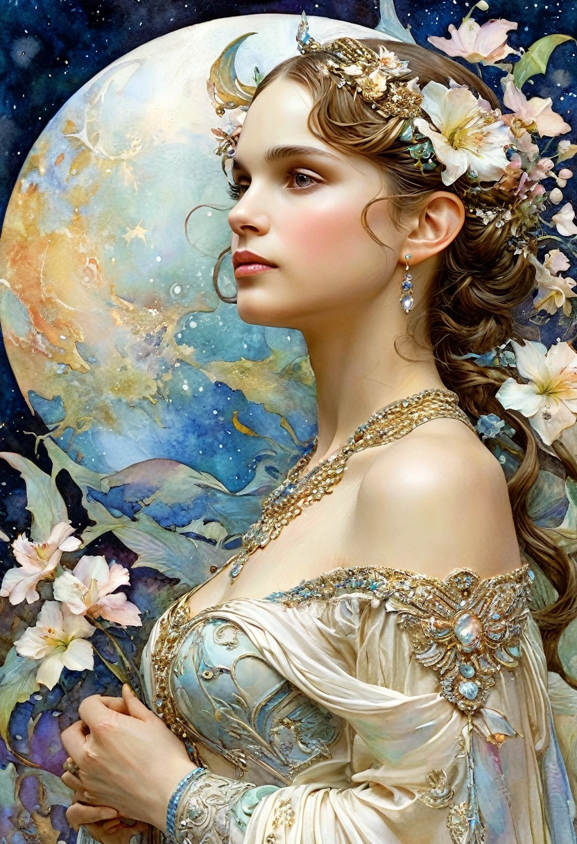 It depicts a beautiful woman with a moon in her hair., (Natalie Portman:1.2), extremely detailed watercolor, The style of Alfons Maria Mucha and Gustav Kilmut, Art Nouveau accents, Fairy Queen, Anthropomorphic woman, Female figure, Detailed cover artwork, As the Moon Goddess, Alphonse Mucha, Gustav Klimt, Pale skin, Marble sculpture, society, Gothic art, Art Nouveau, Behance Contest Winner