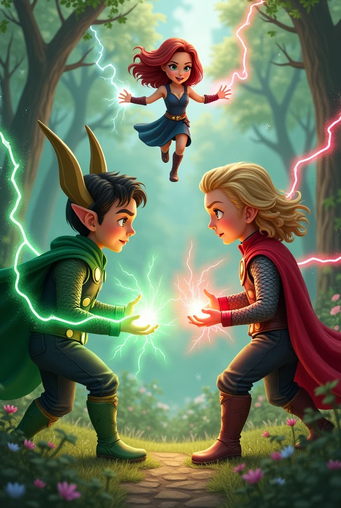 Loki, thor and scarlet witch as a kid playing together. Thor throw lightning at loki, loki with his little horn shoot green magic at thor, and scarlet witch floating with her red magic