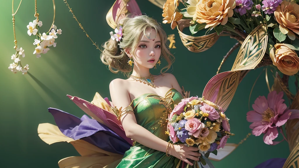 32K, 最高quality, 最高masterpiece, (ultra-Detailed Background, Detailed Background), High resolution, Super detailed, Very detailedな, One girl, (bouquet:1.3), (Tangled:1.2), (Geometric:1.2),(colorful),(masterpiece, quality, best quality, Official Art, Beautiful and beautiful:1.2), (1 girl:1.3), Very detailed,(colorful:1.1)(Flowers:1.3),Most detailed,(Tangled:1.2), whole body, (Abstract background:1.3), (Skin glows), (Many colors:1.4), ,(Earrings Jewelry:1.5), Light green background,
