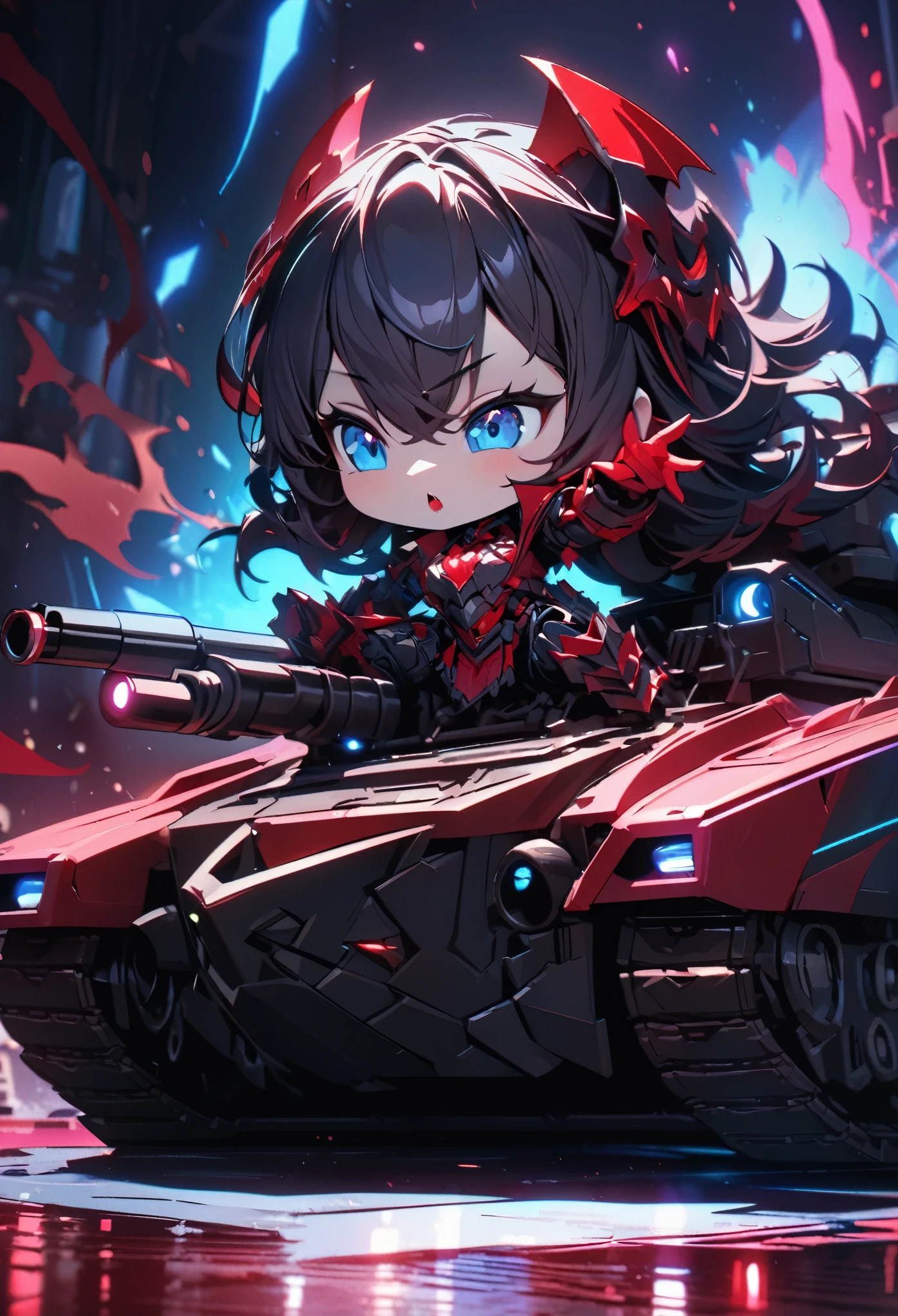 chibi style, 1 vampire girl, sitting on an armored tank, blended red and blue eyes, red lipsticks, intricate armored tank, armored treads, detailed mechanical parts, cinematic lighting, vivid colors, vibrant colors, dynamic composition, high quality, 8k, (best quality, masterpiece:1.3), DeepNegative_xl_v1