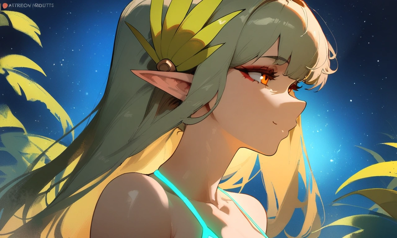1girl, muelsyse \(arknights\), arknights \\\\\ masterpiece, best quality, very aesthetic, absurdres, newest ///// nyantcha, cutesexyrobutts, khyle ////// orange eyes, elf ears ///// simple background, space background, lime bikini, greenery, 18 years old girl, thin waist,solo, stars, ^_^, portrait, detailed face, bare neck. profile, night sky, star sky