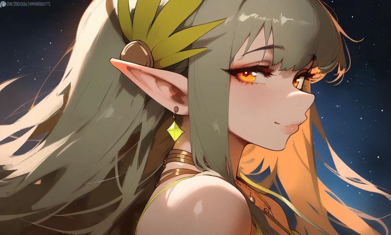 1girl, muelsyse \(arknights\), arknights \\\\\ masterpiece, best quality, very aesthetic, absurdres, newest ///// nyantcha, cutesexyrobutts, khyle ////// orange eyes, elf ears ///// simple background, space background, lime bikini, greenery, 18 years old girl, thin waist,solo, stars, ^_^, portrait, detailed face, bare neck. profile, night sky, star sky