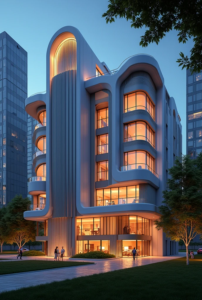 art deco design,urban buildings,streamline moderne,futuristic architecture, Abstraction,modern style,Luxury and Luxury,Future night view,Futuristic decorative elements,Metallic,number line,sci-fi lamp,Virtual Engine,Unreal rendering, neon lights, apartments, restaurants, mid rise, mixed use, multiple buildings, trees, parks, greenery, grass, green field, pedestrians, people