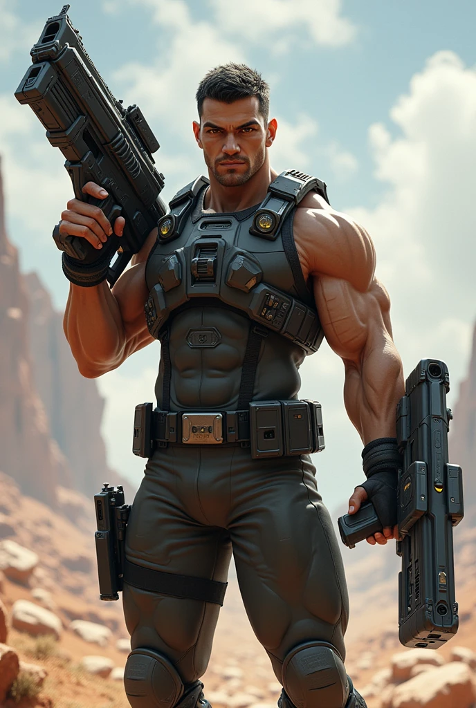 Character design, man with space gun, three different poses