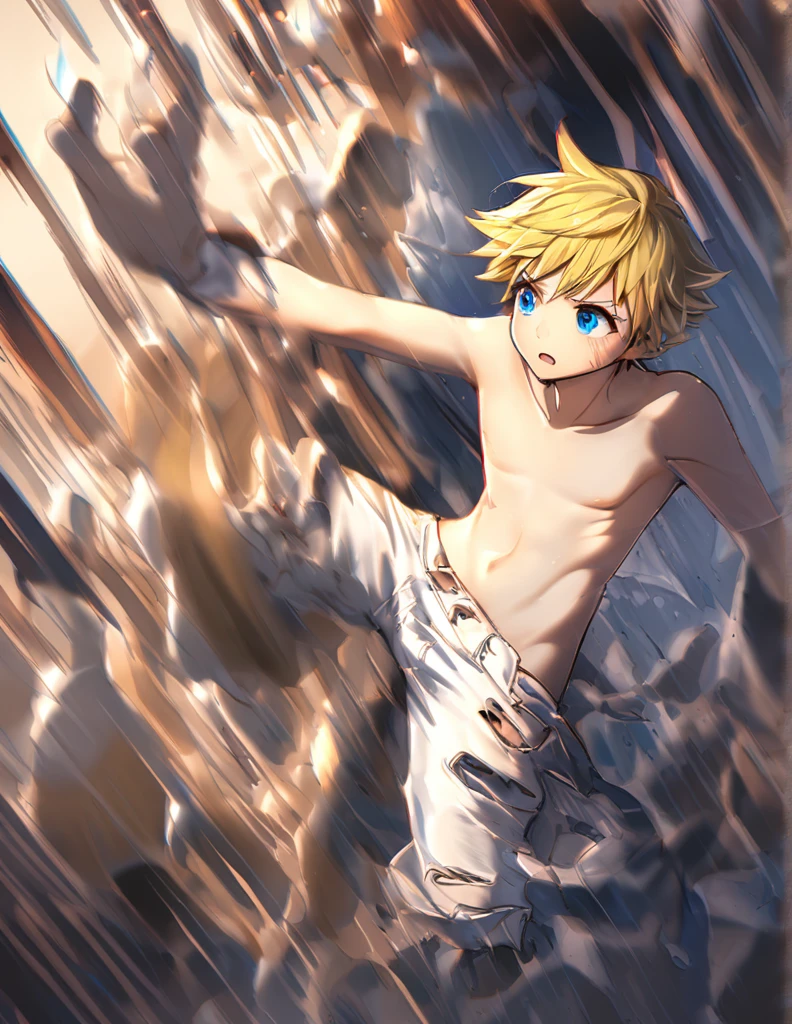 Cute boy wearing old, ripped pants, shirtless.,yellow hair,blue eyes,Stuck in a fantasy dungeon