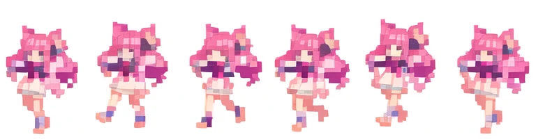 the very same person character chips , masterpiece , 6 poses (put out one's left foot , put out one's right foot , 2 front-facing poses , 2 back poses),best quality , pixel , pixel art , xiangsu , xiang su , sequence frames , walking , 1 girl , fantasy clothes , full body , white background , e , deformed , sexy ,ibi , Highly Exposed , pink clothes , pink hair , walking frame