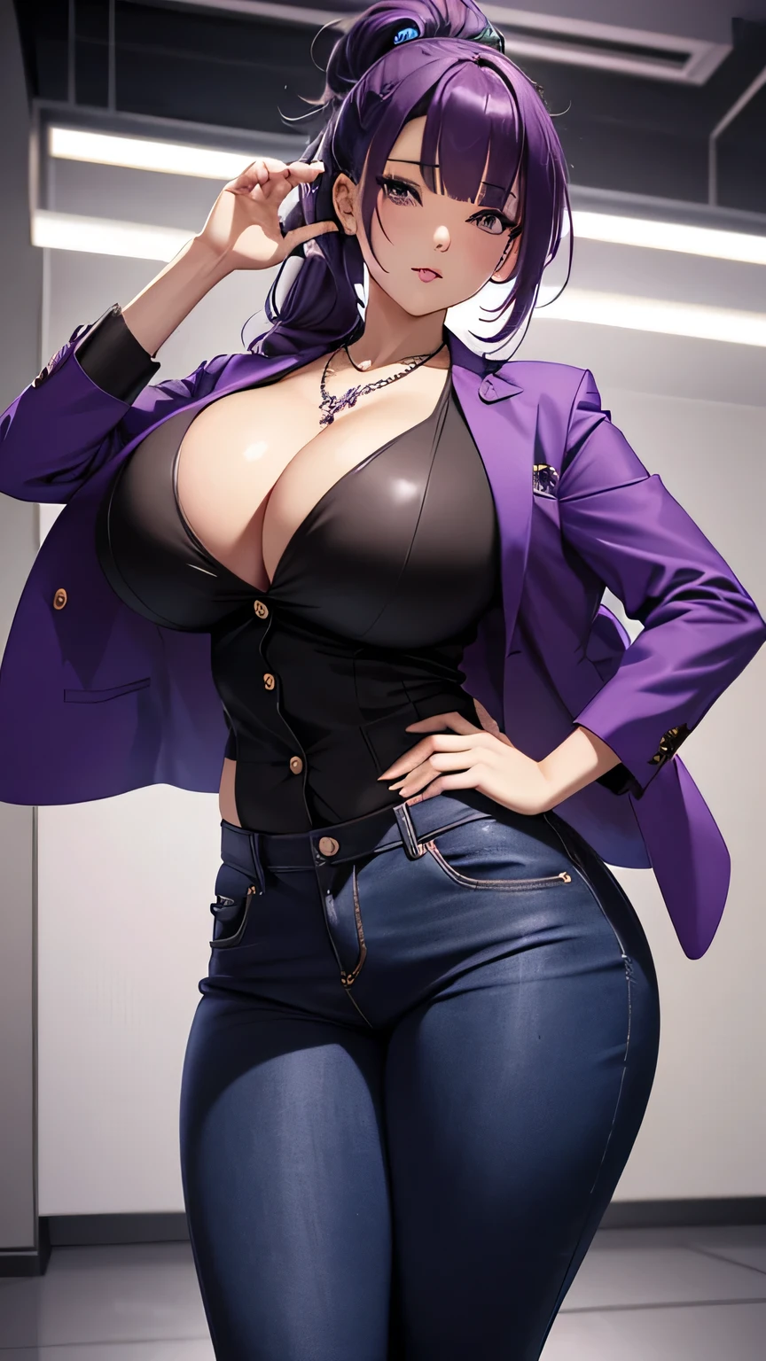 Best quality, high detailed, 8K quality, 4k resolution, stunning japanese girl, random hairstyle, purple hair, necklace and piercing, gorgeous face, huge breast, curvy body, wearing Erotic Oversized Blazers: Paired with tailored trousers or jeans for a chic, structured look, playful expression, random pose, playful expression