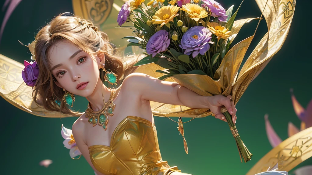 32K, 最高quality, 最高masterpiece, (ultra-Detailed Background, Detailed Background), High resolution, Super detailed, Very detailedな, One girl, (bouquet:1.3), (Tangled:1.2), (Geometric:1.2),(colorful),(masterpiece, quality, best quality, Official Art, Beautiful and beautiful:1.2), (1 girl:1.3), Very detailed,(colorful:1.1)(Flowers:1.3),Most detailed,(Tangled:1.2), whole body, (Abstract background:1.3), (Skin glows), (Many colors:1.4), ,(Earrings Jewelry:1.5), Light green background,