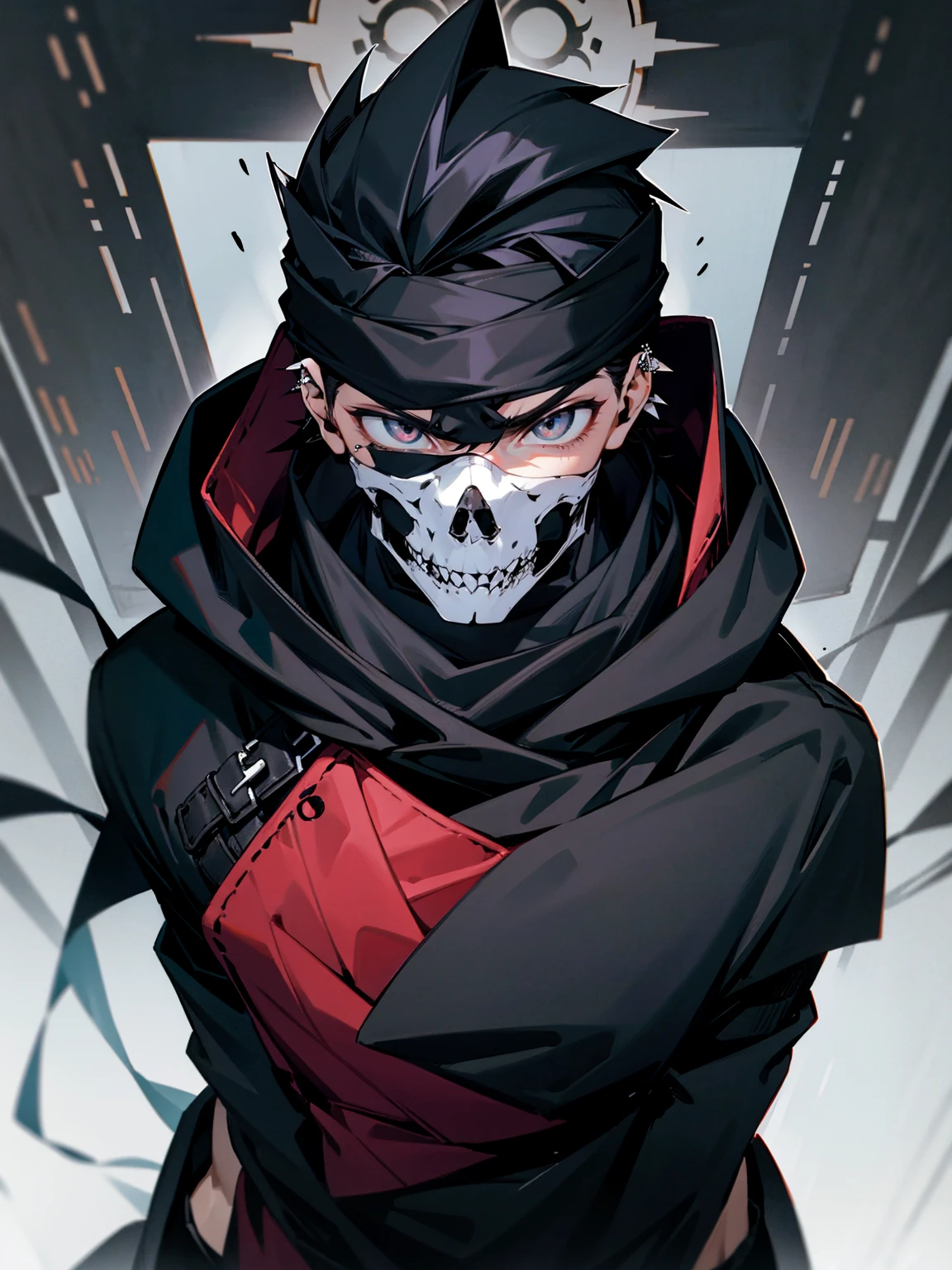 1male, adult, gojo hair, black hair, spiky hair, black hood over head, grey headband,  skull mask, eye piercing, lazy expression, black paddedr outfit, lean build
