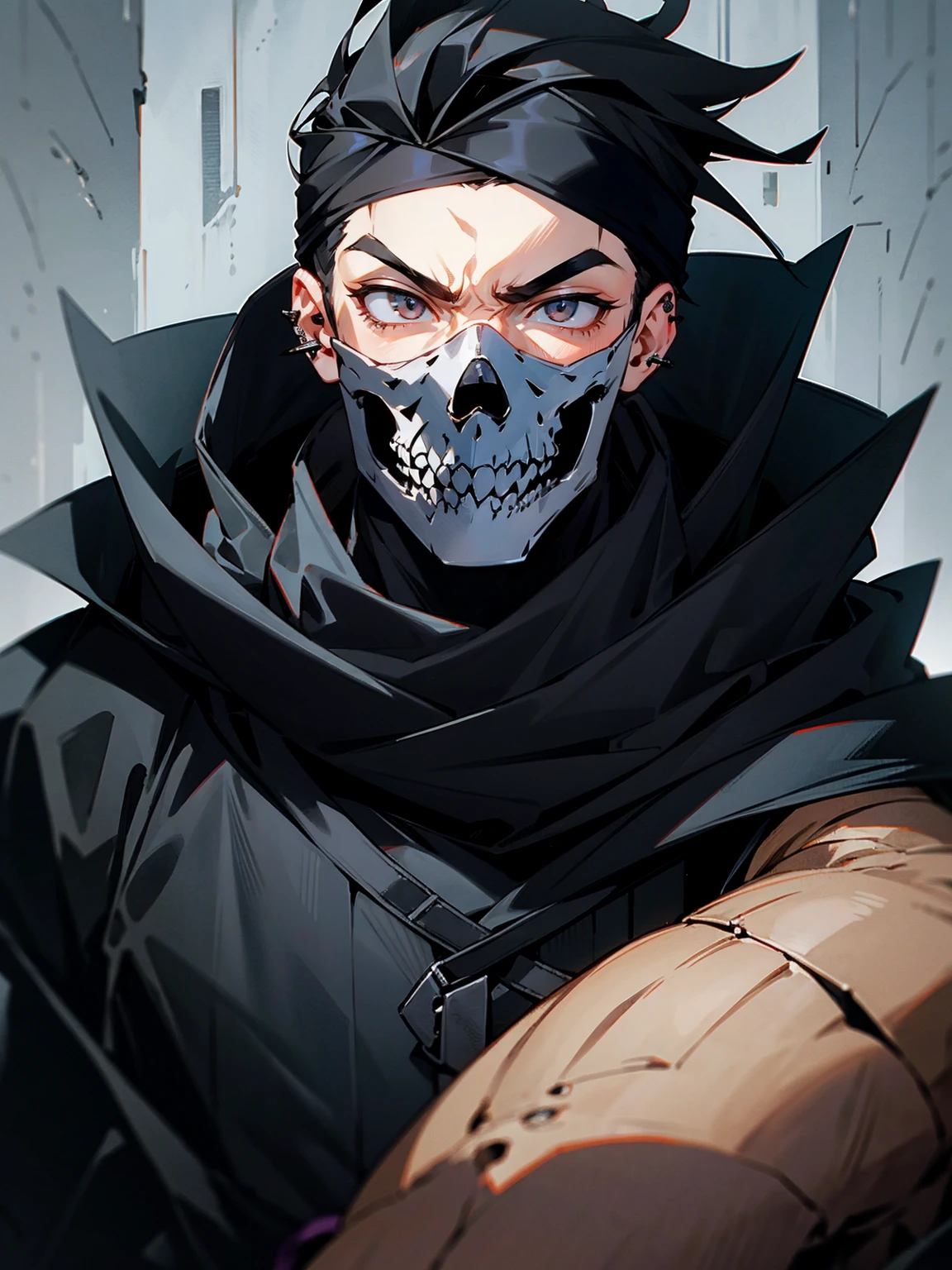 1male, adult, gojo hair, black hair, spiky hair, black hood over head, grey headband,  skull mask, eye piercing, lazy expression, black paddedr outfit, lean build