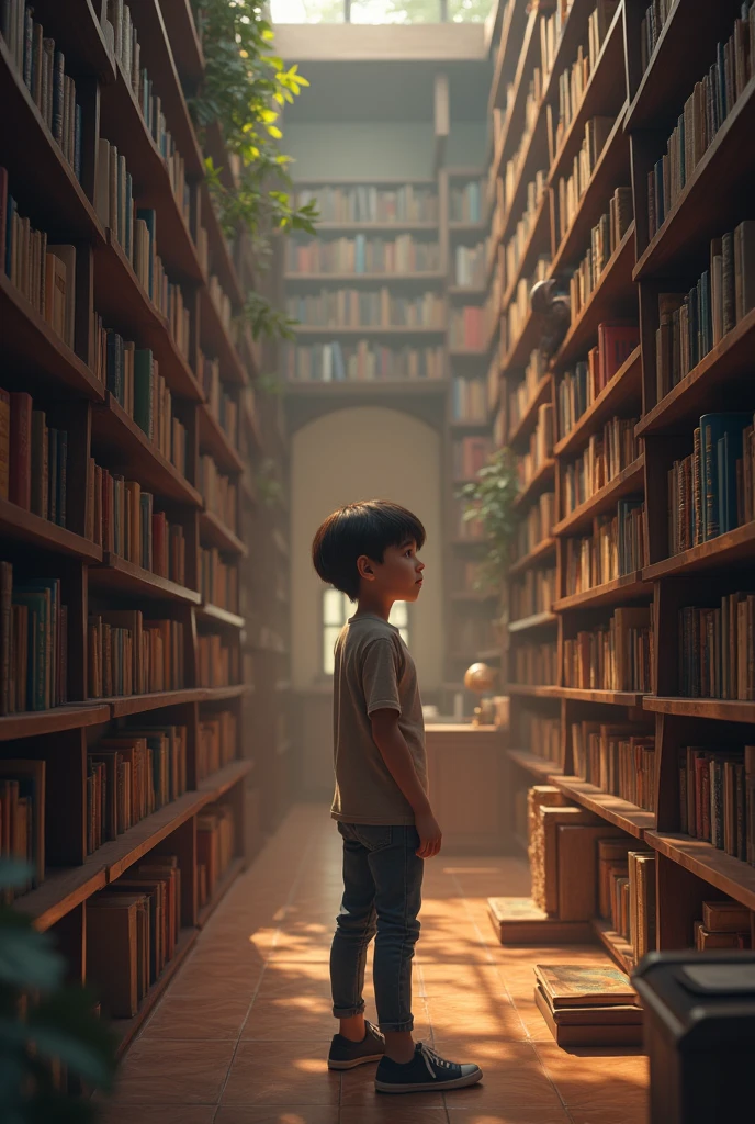 A young 15 year old boy standing in library  , against the backdrop of a library