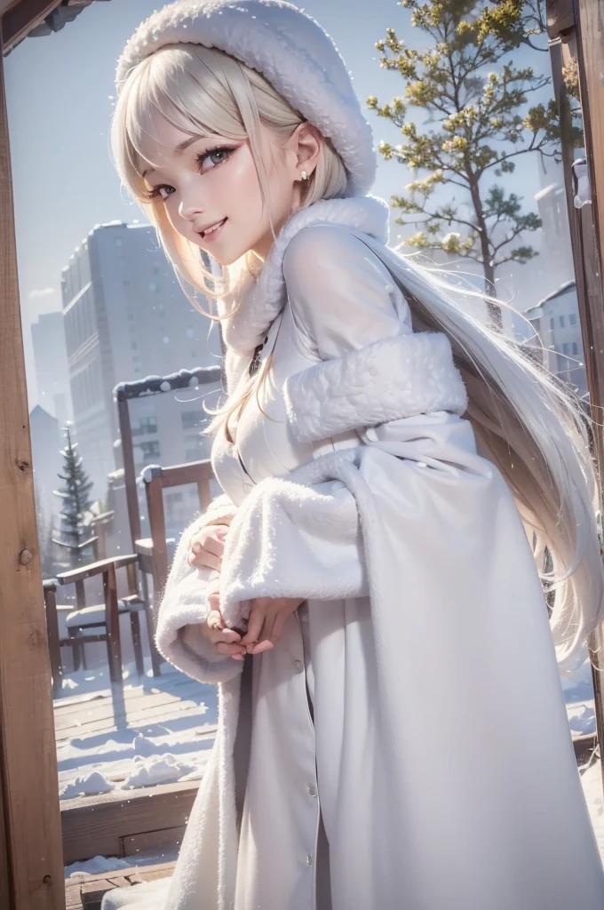 (Upper Body:1.5).masterpiece、Highest quality、1 girl, winter, platinum blonde hair, Cute girl, smile, close mouse, medium breasts, sideboob:1.2, white dress, winter clothes, long skirt, Fur coat、Small waist、Thin legs、outdoors, front of the lake, snow falling, Prayer Pose, join hands, from backside:1.5, face, style
