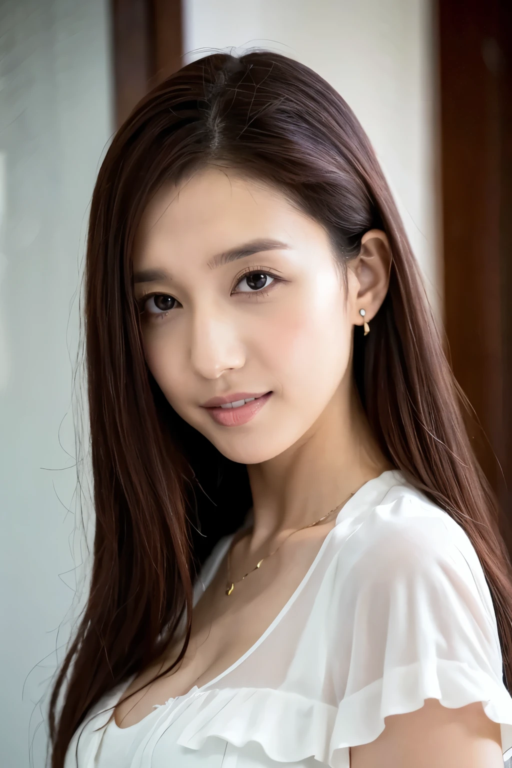 (Highest quality、Tabletop、8k、Best image quality、Award-winning works)、1 Beauty, Perfect beautiful face, (An ennui look:1.1), (Highly detailed beautiful face), Bright and shiny lips, look at me、(Face close-up:1.3)、(White polyester open see-through blouse:1.3)、(Small cleavage:1.1)、 Accentuate your body lines、Slender body、Cinema Lighting、(Standing in a stylish and beautiful modern office corridor:1.2)、(Strongly blurred background:1.2)、(Romantic lighting for epic films:1.1), (Tyndall effect:1.2), (The most moody and romantic:1.1), (Accurate anatomy:1.1)、Exposing the forehead