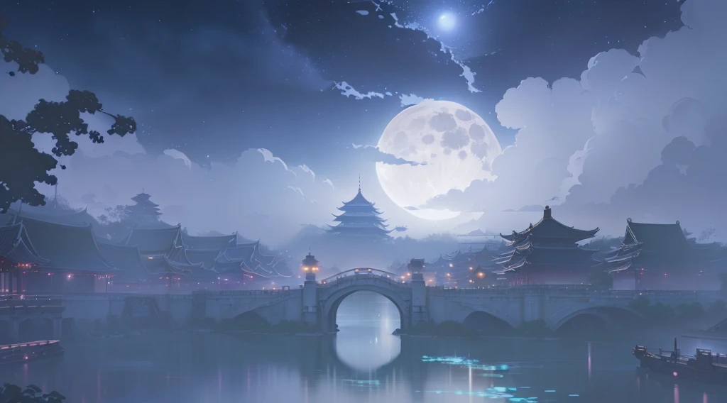 A full moon hangs over the bridge by the river at night, background technologywork, background technology, Night village background, Game Background, mobile Game Background, anime background technology, moonlit starry sky environment, Dreamy Chinatown, Moonlit night dreamy atmosphere, Night view, G Liulian art style, Temple Background, A quiet night. Digital Illustration, Anime Background