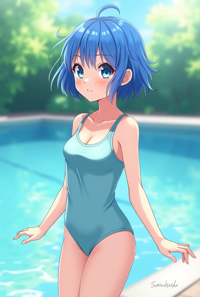 A blue-haired girl in a school swimsuit, anime style