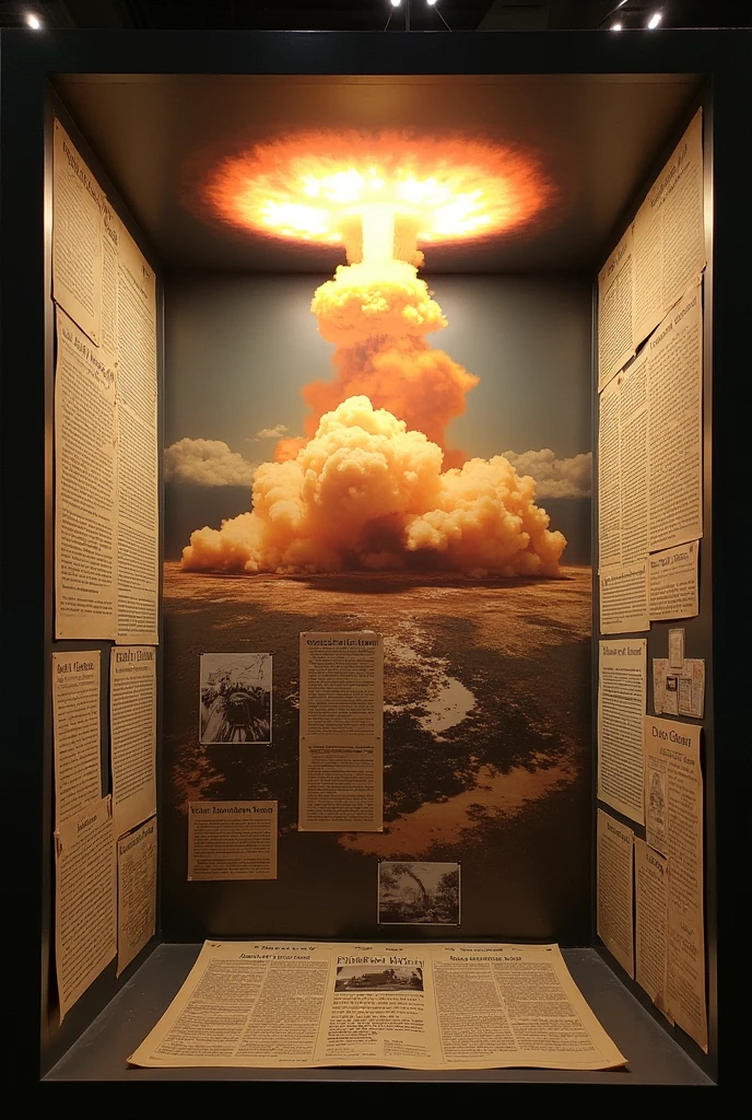A display board with articles with the central theme of nuclear bomb explosion. With giant mushroom cloud