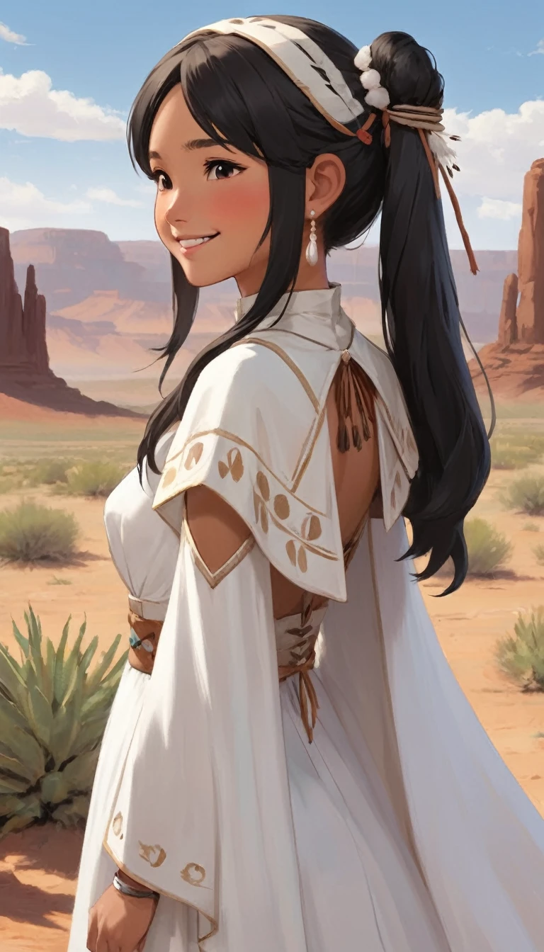 cheyenne、profile、Upper Body、masterpiece、Highest quality、One beautiful woman、Black Hair、Twin tails、22 years old、Moderate bust、Brown skin、White Wedding Dress、、White Cape、Native American、Upper Body、smile、love、Blushing cheeks、scenery、desert