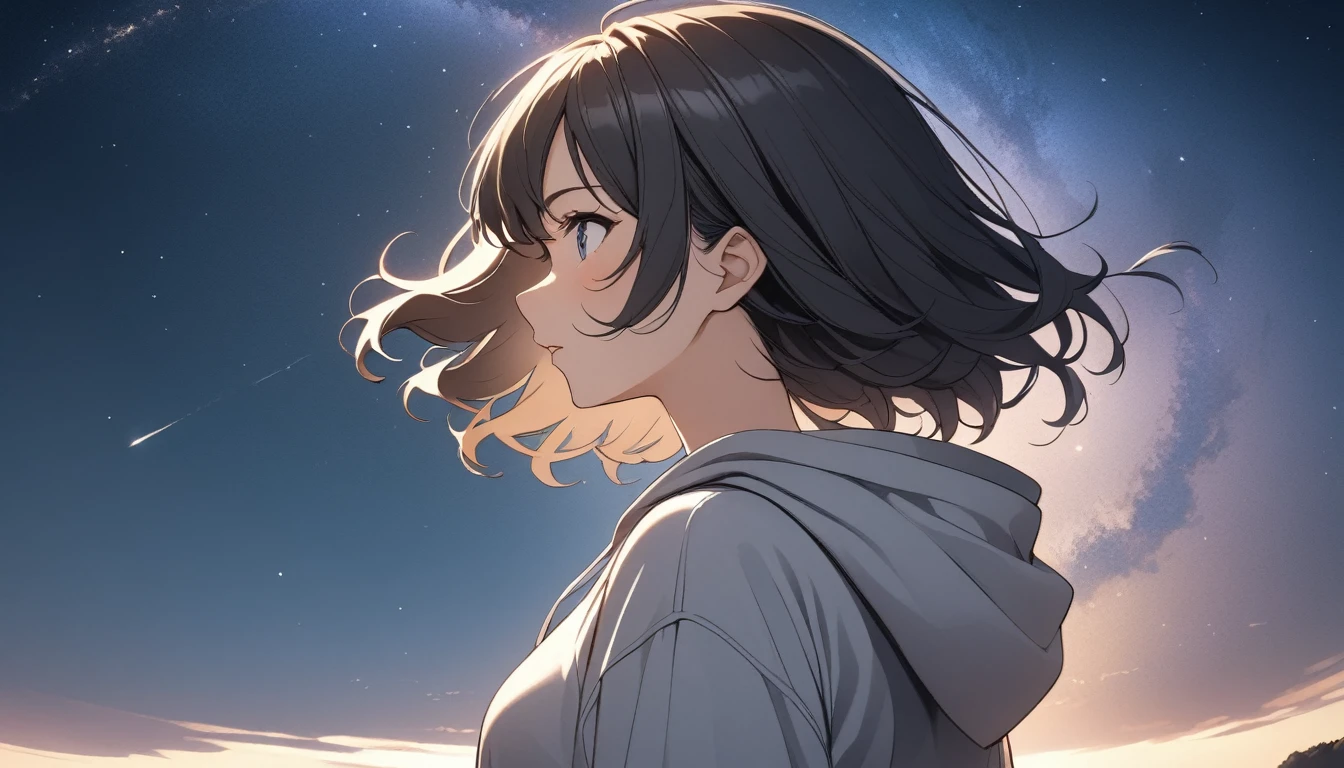 Starry Sky、milky way、One woman、Black Hair、Short Hair、Hair blowing in the wind、profile、Wearing a hoodie、Back view、Upper Body、Low - Angle