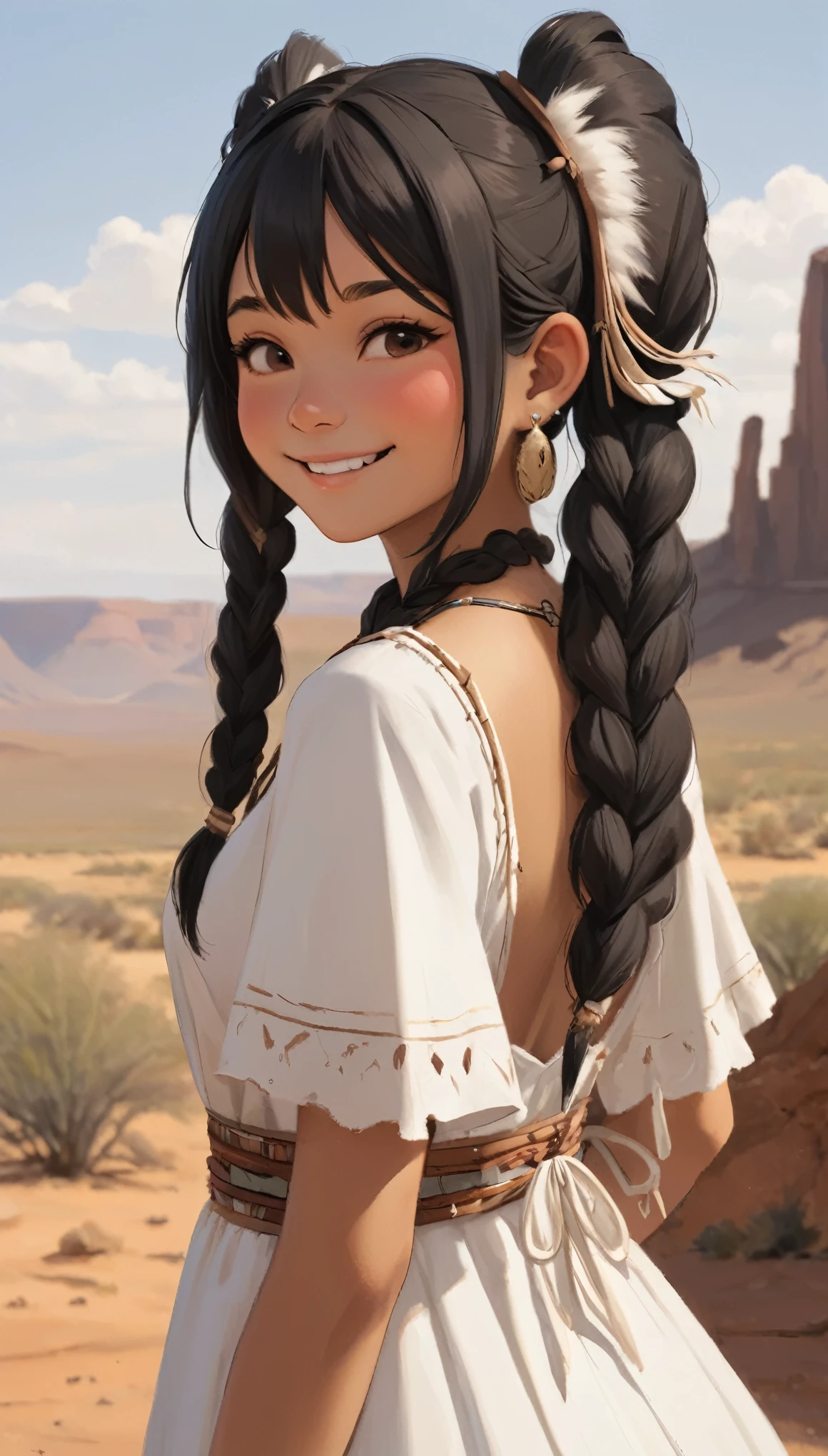 White Warbonnet、cheyenne、profile、Upper Body、masterpiece、Highest quality、1 beautiful girl、Black Hair、Twin tails、20-year-old、Brown skin、White Dress、Native American、Upper Body、smile、love、Blushing cheeks、scenery、desert、wedding。