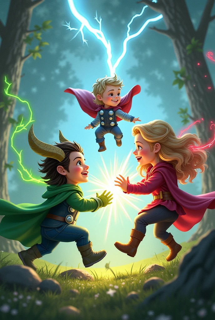 Loki, thor and scarlet witch as a kid playing together. Thor throw blue lightning at loki, loki with his little horn shoot green magic at thor, and scarlet witch floating with her red magic